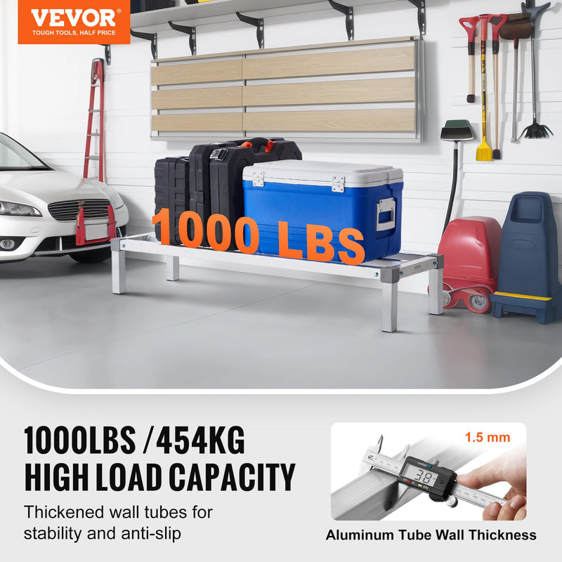 VEVOR alumīnija grīdas uzglabāšanas statīvs, 1220 × 355 mm, augstums no grīdas 203 mm, kravnesība 454 kg, pilnībā metināta konstrukcija, paredzēts lietošanai restorānos, virtuvēs, garāžās un transportlīdzekļos