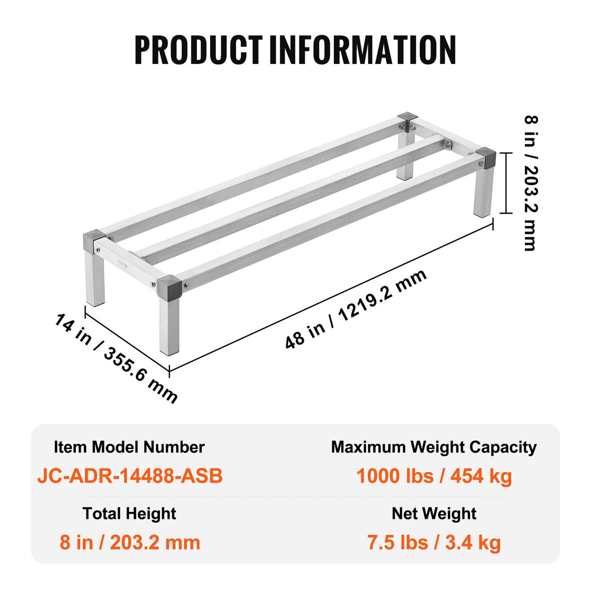 VEVOR Aluminium Floor Storage Rack, 1220 × 355 mm, 203 mm Height from Ground, 454 kg Load Capacity, Fully Welded Construction, for Restaurants, Kitchens, Garages and Vehicles
