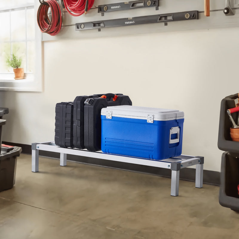 VEVOR alumīnija grīdas uzglabāšanas statīvs, 1220 × 355 mm, augstums no grīdas 203 mm, kravnesība 454 kg, pilnībā metināta konstrukcija, paredzēts lietošanai restorānos, virtuvēs, garāžās un transportlīdzekļos