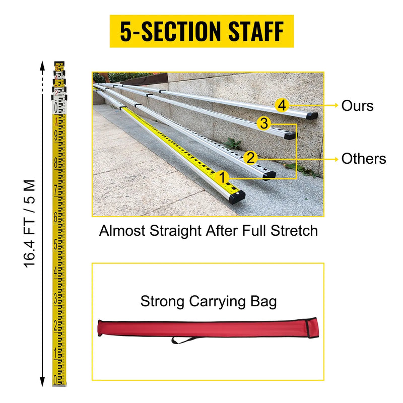 VEVOR zaļais rotējošs lāzera līmeņrāža komplekts ar regulējamu statīvu un 5 m mērstieni, darba attālums 500 m, 360° rotējoša skenēšana, pašizlīdzinošs lāzera līmeņrādis būvprojekcijai