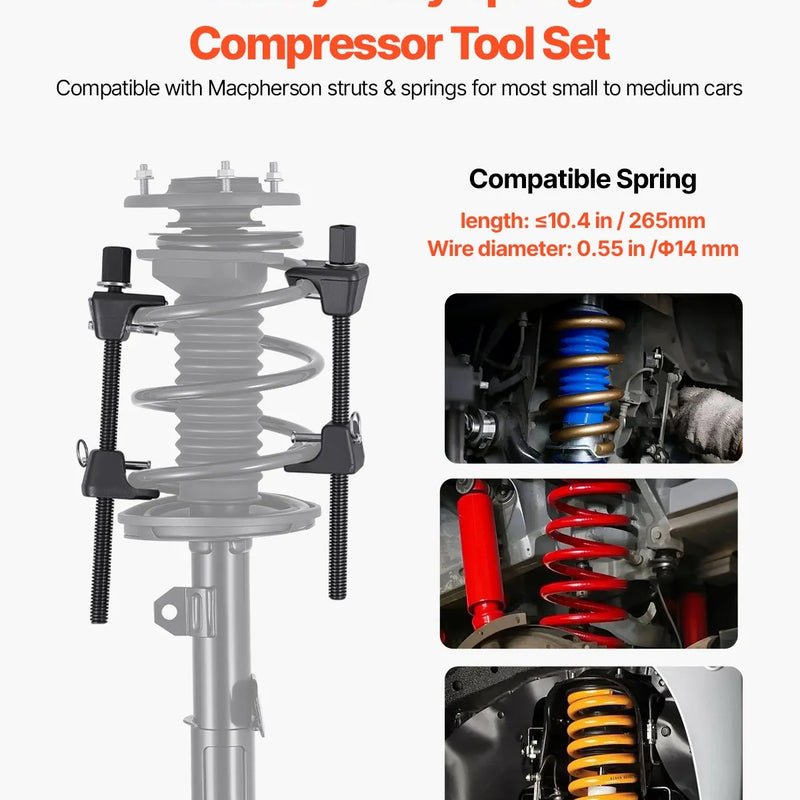 VEVOR spirālatsperu kompresoru komplekts (2 gab.), smagās slodzes atsperu kompresors ar 256 mm darba diapazonu, saderīgs ar 22 mm sešstūra uzgaļu ligzdām, piemērots vieglajām automašīnām, kravas auto un motocikliem, melnā krāsā