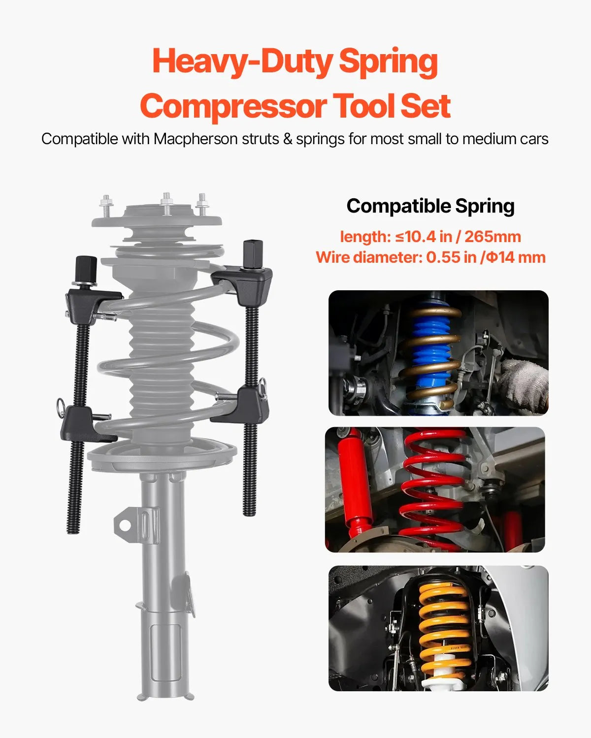 VEVOR Coil Spring Compressor Set (2 pcs), Heavy-Duty Spring Compressor with 256 mm Working Range, Compatible with 22 mm Hex Socket Adapters, Suitable for Cars, Trucks and Motorcycles, Black