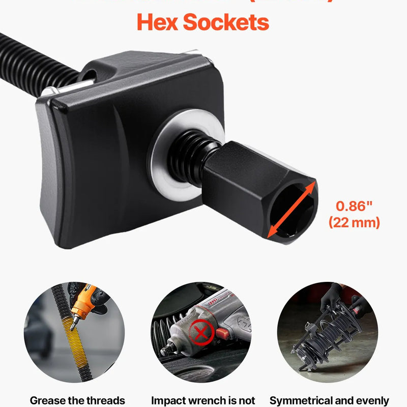 VEVOR spirālatsperu kompresoru komplekts (2 gab.), smagās slodzes atsperu kompresors ar 256 mm darba diapazonu, saderīgs ar 22 mm sešstūra uzgaļu ligzdām, piemērots vieglajām automašīnām, kravas auto un motocikliem, melnā krāsā