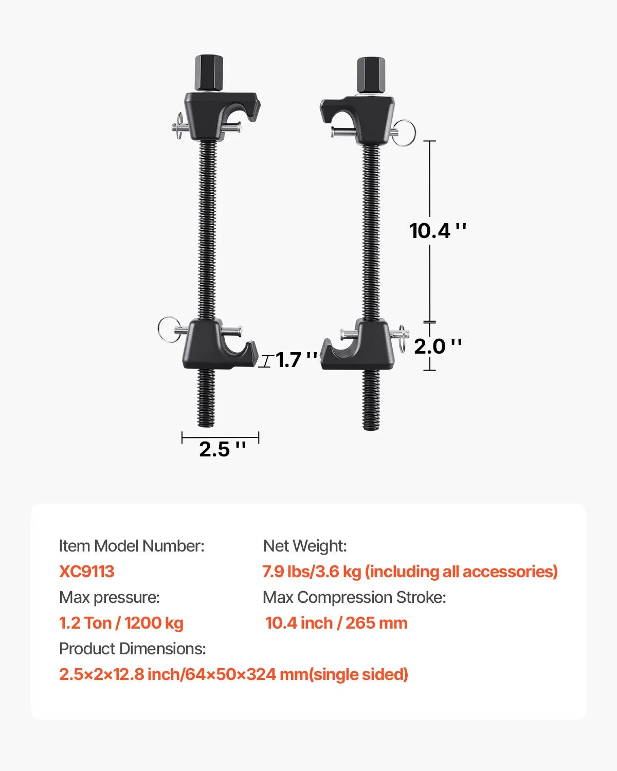 VEVOR Coil Spring Compressor Set (2 pcs), Heavy-Duty Spring Compressor with 256 mm Working Range, Compatible with 22 mm Hex Socket Adapters, Suitable for Cars, Trucks and Motorcycles, Black