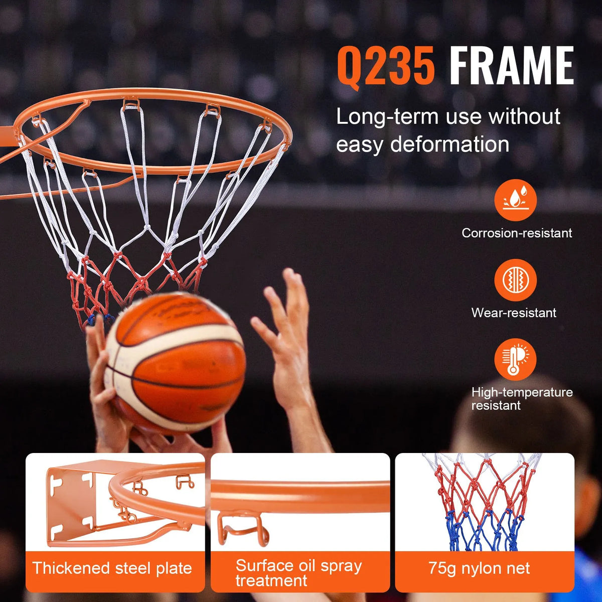 VEVOR basketbola stīpa, pie sienas vai durvīm montējams basketbola grozs, izturīga Q235 tērauda elastīgā stīpa ar tīklu, standarta 45,7 cm iekštelpu un āra piekaramais basketbola grozs bērniem un pieaugušajiem - ZEMLETES.LV