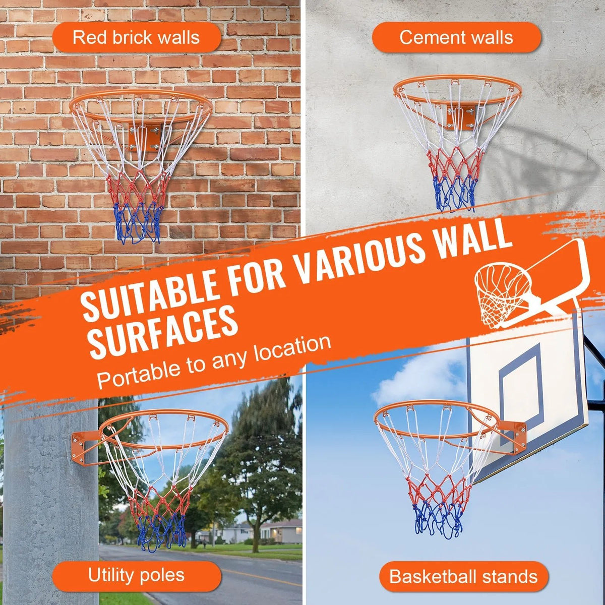 VEVOR basketbola stīpa, pie sienas vai durvīm montējams basketbola grozs, izturīga Q235 tērauda elastīgā stīpa ar tīklu, standarta 45,7 cm iekštelpu un āra piekaramais basketbola grozs bērniem un pieaugušajiem - ZEMLETES.LV