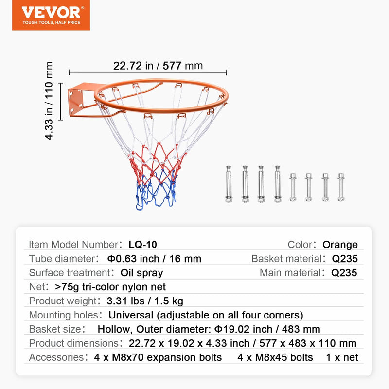 VEVOR basketbola stīpa, pie sienas vai durvīm montējams basketbola grozs, izturīga Q235 tērauda elastīgā stīpa ar tīklu, standarta 45,7 cm iekštelpu un āra piekaramais basketbola grozs bērniem un pieaugušajiem - ZEMLETES.LV