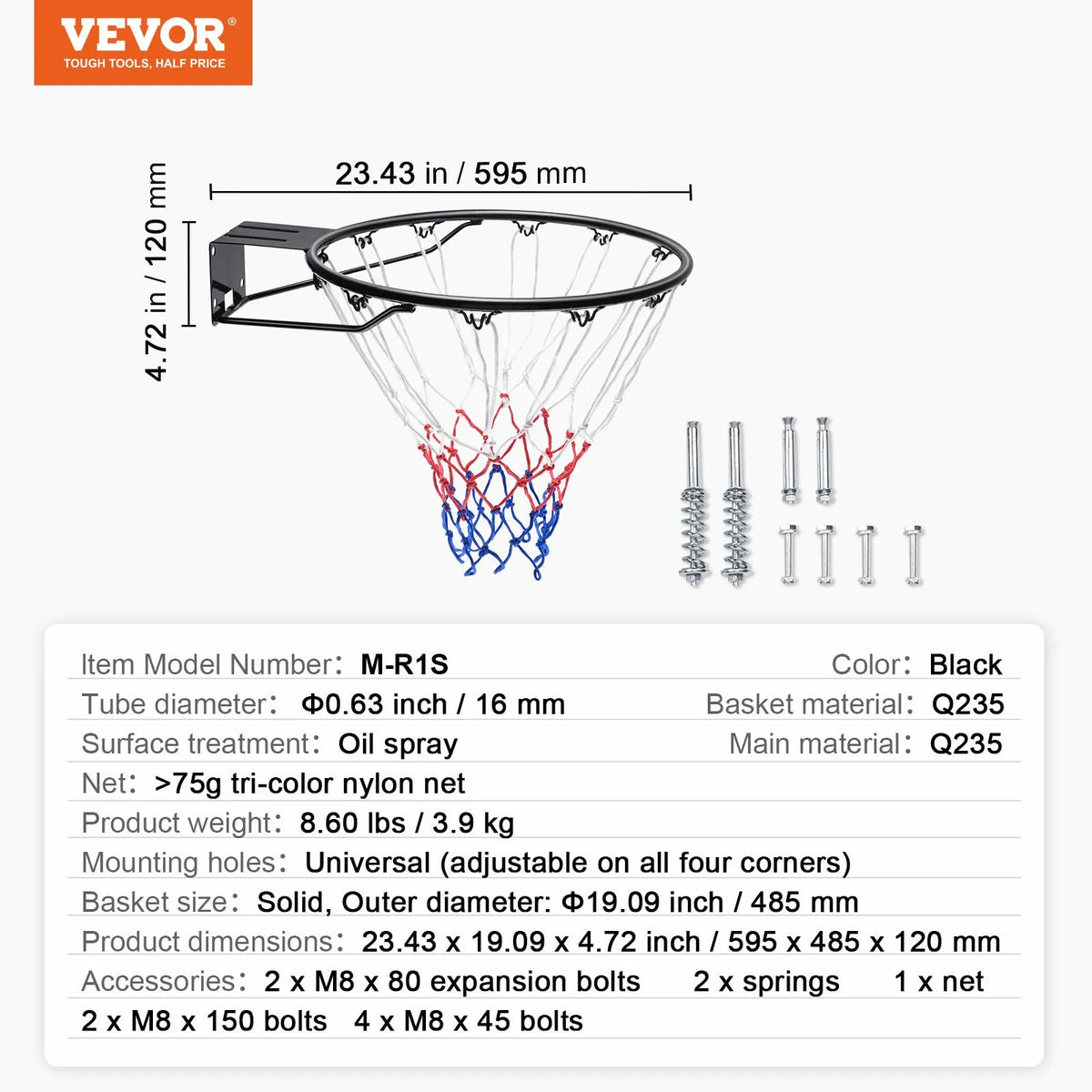VEVOR basketbola groza stīpa sienas vai durvju montāžai, pastiprināta Q235 tērauda konstrukcija ar dubulto atsperi un tīklu, Ø457 mm standarta grozs lietošanai telpās un ārā, piemērots bērniem un pieaugušajiem - ZEMLETES.LV
