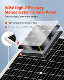 VEVOR 50 W 12 V saules akumulatora uzturuzlādes lādētājs ar monokristālisku paneli un MPPT kontrolieri, IP65 ūdensizturīgs, paredzēts automašīnām, laivām, kemperiem un piekabēm, uzstādīšanai uz plakana jumta (kronšteins nav iekļauts)