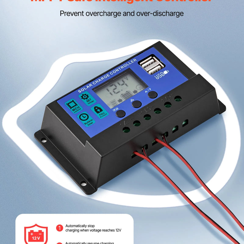 VEVOR 50 W 12 V saules akumulatora uzturuzlādes lādētājs ar monokristālisku paneli un MPPT kontrolieri, IP65 ūdensizturīgs, paredzēts automašīnām, laivām, kemperiem un piekabēm, uzstādīšanai uz plakana jumta (kronšteins nav iekļauts)