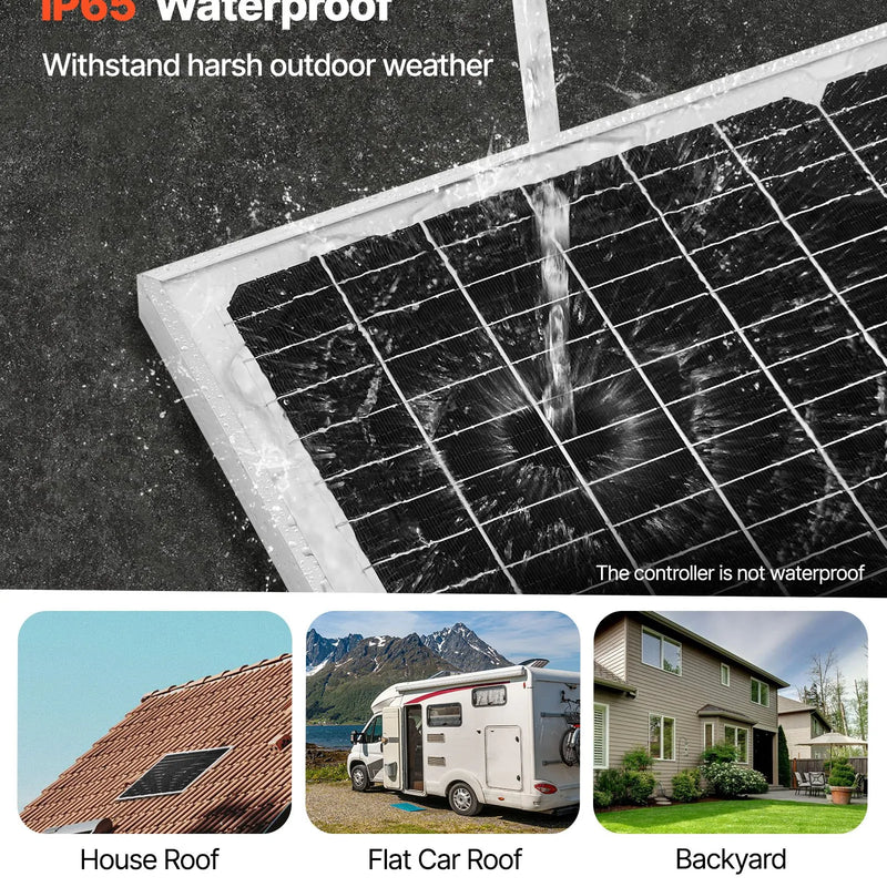 VEVOR 50 W 12 V saules akumulatora uzturuzlādes lādētājs ar monokristālisku paneli un MPPT kontrolieri, IP65 ūdensizturīgs, paredzēts automašīnām, laivām, kemperiem un piekabēm, uzstādīšanai uz plakana jumta (kronšteins nav iekļauts)