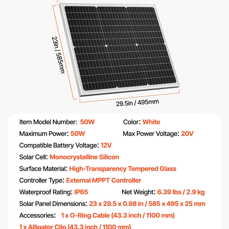 VEVOR 50 W 12 V saules akumulatora uzturuzlādes lādētājs ar monokristālisku paneli un MPPT kontrolieri, IP65 ūdensizturīgs, paredzēts automašīnām, laivām, kemperiem un piekabēm, uzstādīšanai uz plakana jumta (kronšteins nav iekļauts)