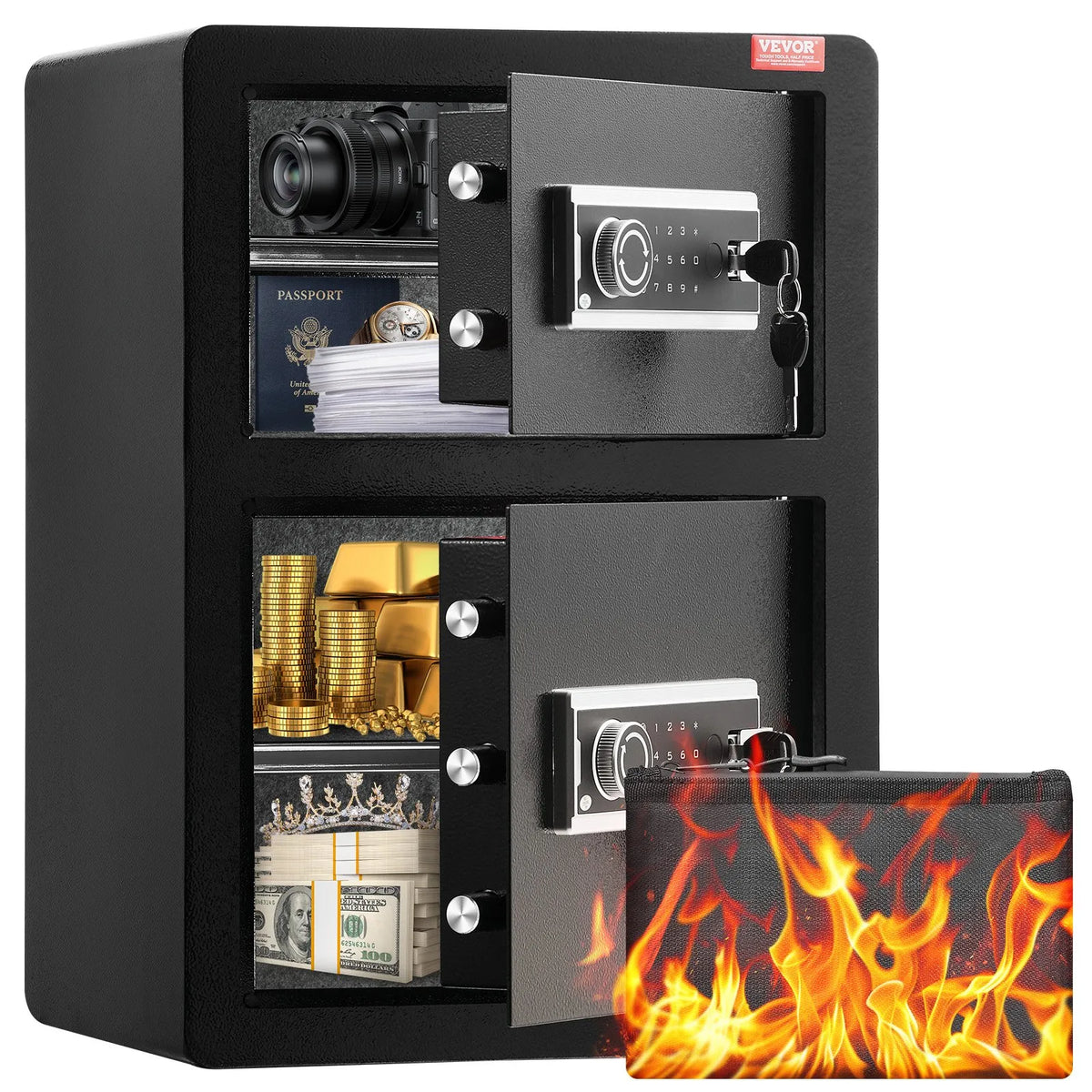 VEVOR Two-Door 99.1 L Safe with Key and Password Lock, Security Safe with Fireproof Bag, Key Holder, LED Lighting and 2 Height-Adjustable Removable Shelves for Cash, Documents, Jewellery and Valuables, Black