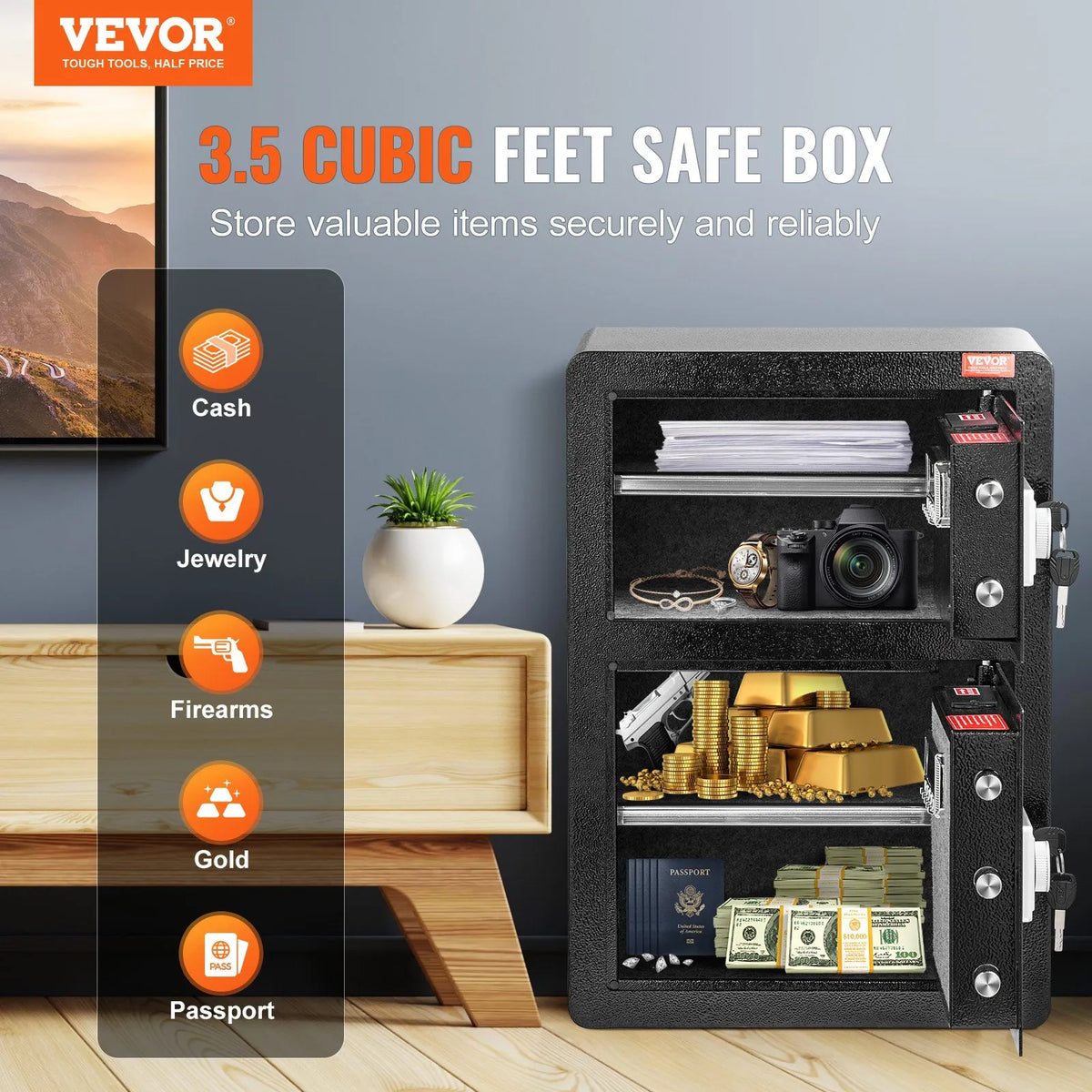 VEVOR Two-Door 99.1 L Safe with Key and Password Lock, Security Safe with Fireproof Bag, Key Holder, LED Lighting and 2 Height-Adjustable Removable Shelves for Cash, Documents, Jewellery and Valuables, Black