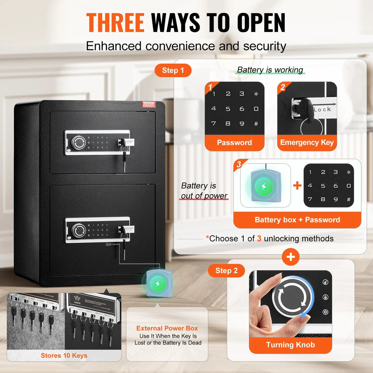 VEVOR Two-Door 99.1 L Safe with Key and Password Lock, Security Safe with Fireproof Bag, Key Holder, LED Lighting and 2 Height-Adjustable Removable Shelves for Cash, Documents, Jewellery and Valuables, Black