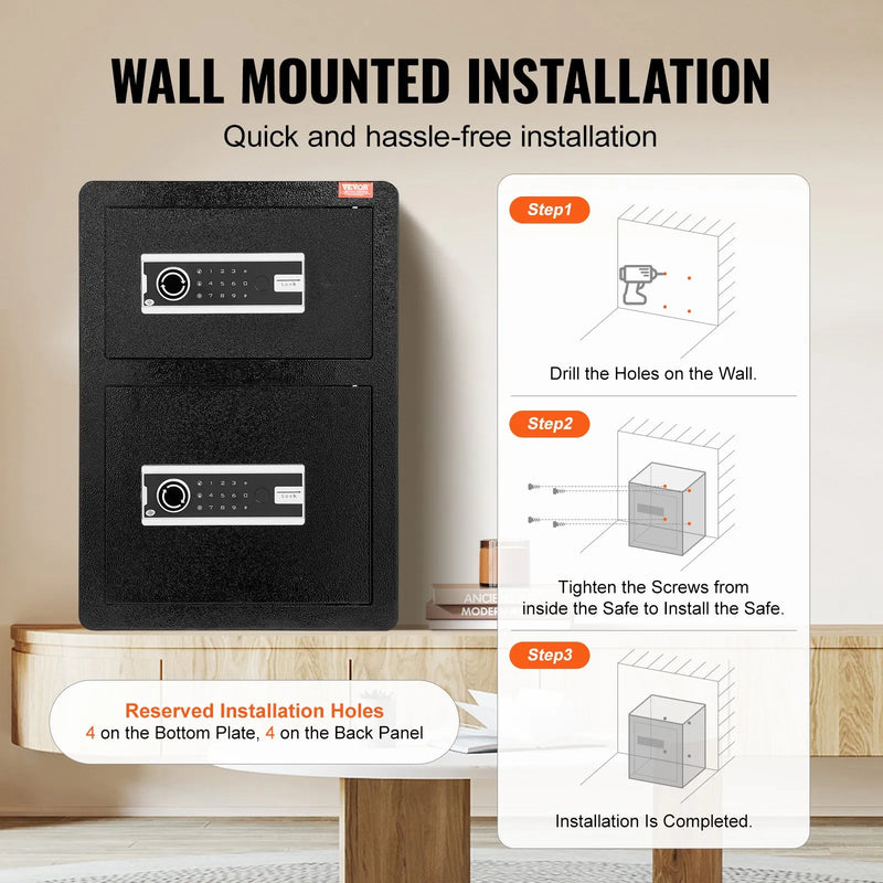 VEVOR divdurvju 99,1 l seifs ar atslēgas un paroles slēdzeni, drošības seifs ar ugunsdrošo somu, atslēgu turētāju, LED apgaismojumu un 2 augstuma regulējamiem un noņemamiem plauktiem naudai, dokumentiem, rotaslietām un vērtīgām lietām, melns