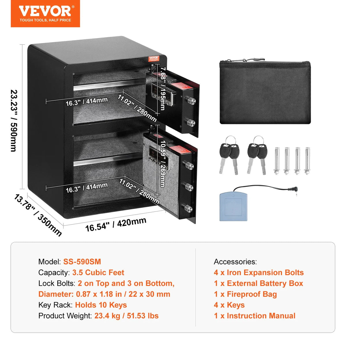 VEVOR Two-Door 99.1 L Safe with Key and Password Lock, Security Safe with Fireproof Bag, Key Holder, LED Lighting and 2 Height-Adjustable Removable Shelves for Cash, Documents, Jewellery and Valuables, Black