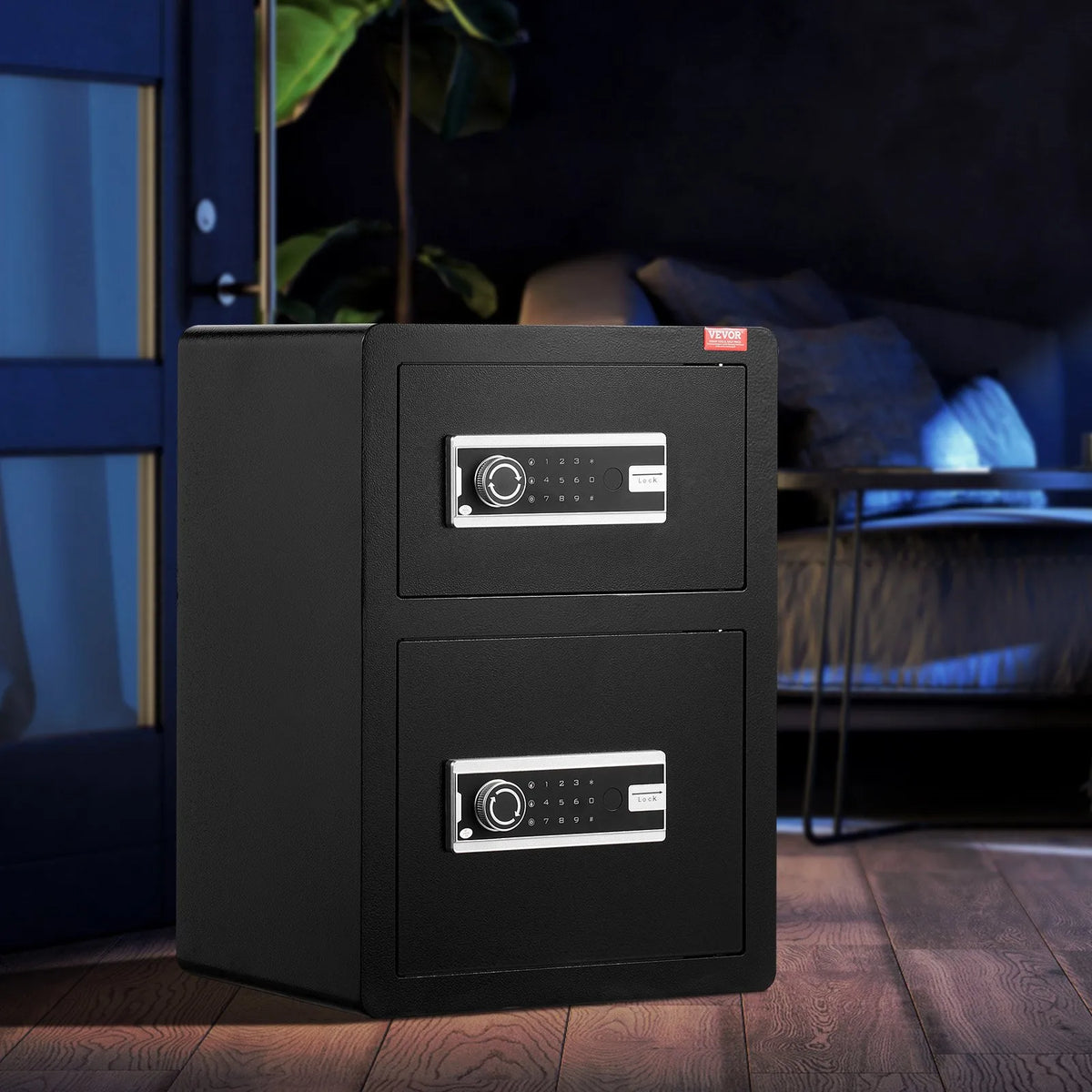 VEVOR Two-Door 99.1 L Safe with Key and Password Lock, Security Safe with Fireproof Bag, Key Holder, LED Lighting and 2 Height-Adjustable Removable Shelves for Cash, Documents, Jewellery and Valuables, Black