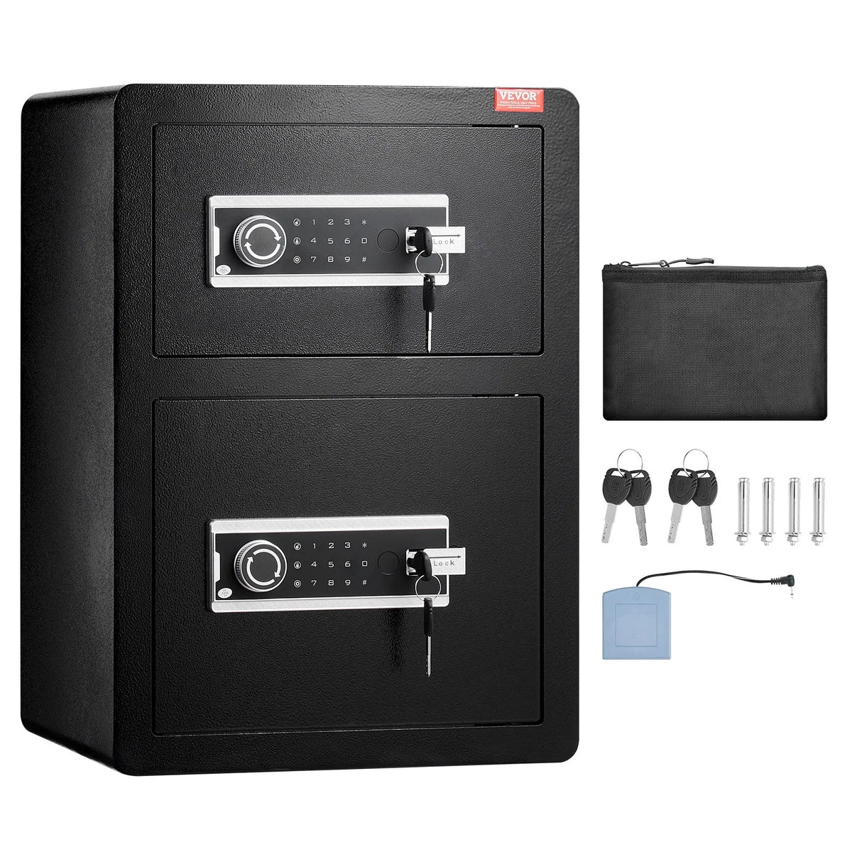 VEVOR Two-Door 99.1 L Safe with Key and Password Lock, Security Safe with Fireproof Bag, Key Holder, LED Lighting and 2 Height-Adjustable Removable Shelves for Cash, Documents, Jewellery and Valuables, Black