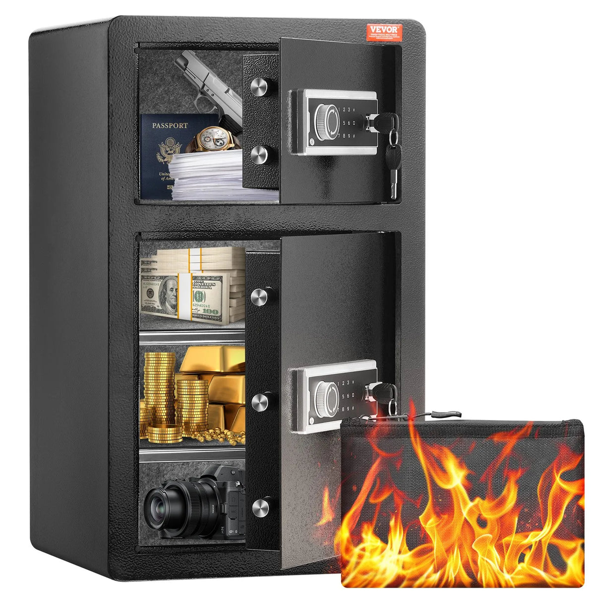 VEVOR Two-Door 4.5 Cubic Feet Safe with Key and Password Lock, Security Safe with Fireproof Bag, Key Holder, LED Lighting and 2 Height-Adjustable Removable Shelves for Money, Documents, Jewellery and Valuables, Black
