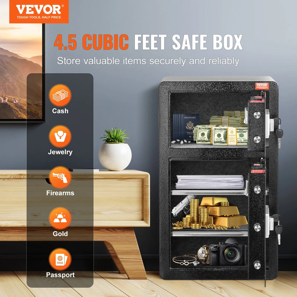 VEVOR Two-Door 4.5 Cubic Feet Safe with Key and Password Lock, Security Safe with Fireproof Bag, Key Holder, LED Lighting and 2 Height-Adjustable Removable Shelves for Money, Documents, Jewellery and Valuables, Black