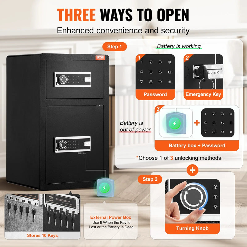 VEVOR divdurvju 4,5 kubikpēdu seifs ar atslēgas un paroles slēdzeni, drošības seifs ar ugunsdrošo somu, atslēgu turētāju, LED apgaismojumu un 2 augstuma regulējamiem un noņemamiem plauktiem naudai, dokumentiem, rotaslietām un vērtīgām lietām, melns