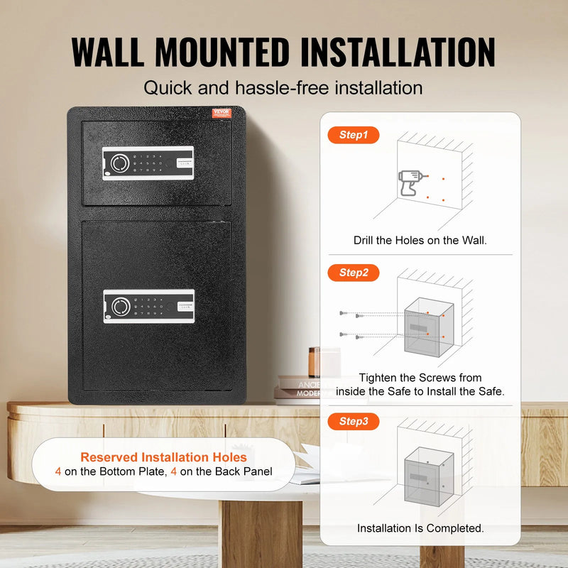 VEVOR divdurvju 4,5 kubikpēdu seifs ar atslēgas un paroles slēdzeni, drošības seifs ar ugunsdrošo somu, atslēgu turētāju, LED apgaismojumu un 2 augstuma regulējamiem un noņemamiem plauktiem naudai, dokumentiem, rotaslietām un vērtīgām lietām, melns