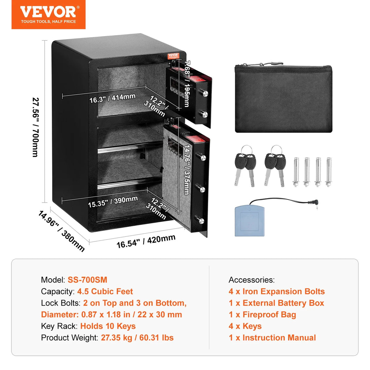 VEVOR Two-Door 4.5 Cubic Feet Safe with Key and Password Lock, Security Safe with Fireproof Bag, Key Holder, LED Lighting and 2 Height-Adjustable Removable Shelves for Money, Documents, Jewellery and Valuables, Black