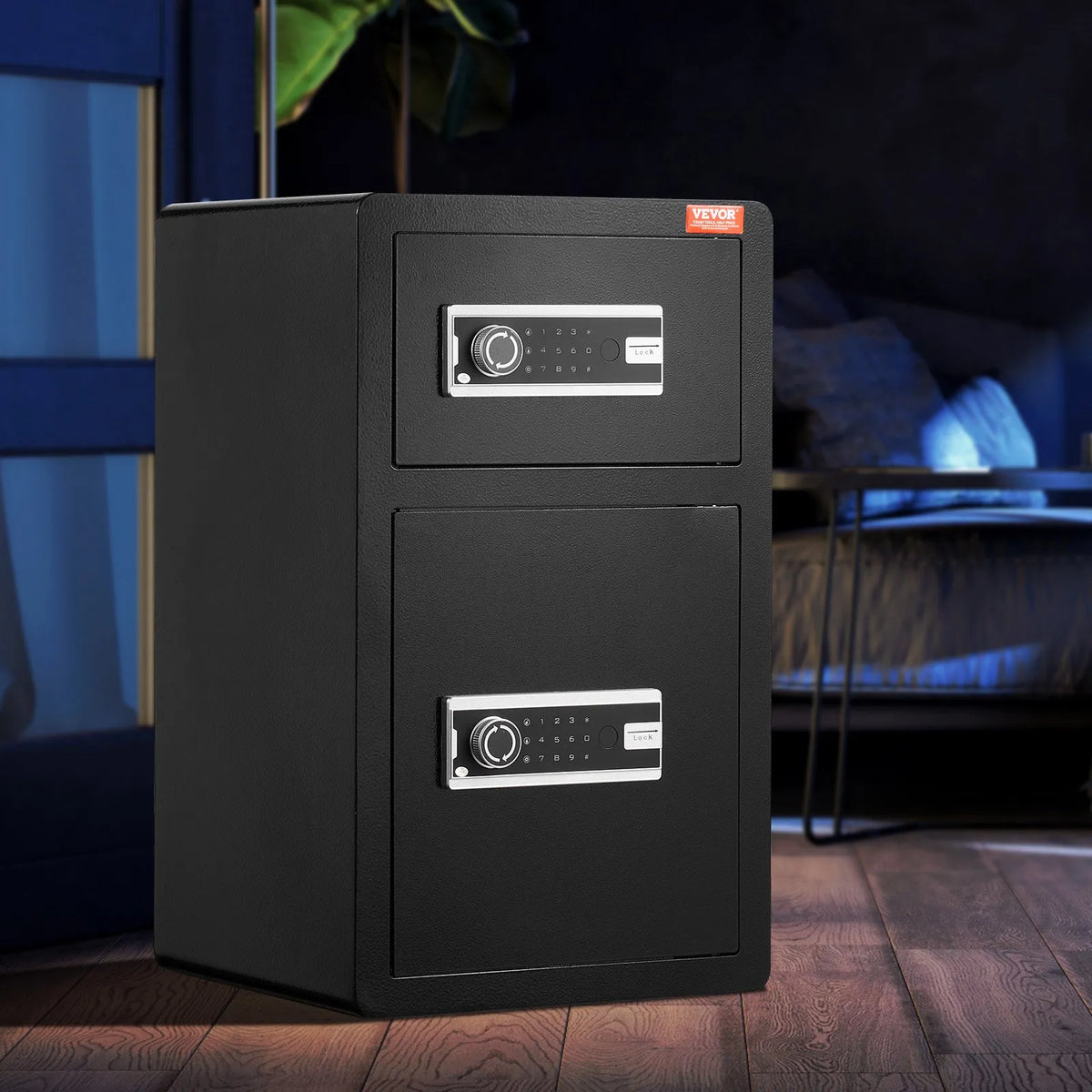 VEVOR Two-Door 4.5 Cubic Feet Safe with Key and Password Lock, Security Safe with Fireproof Bag, Key Holder, LED Lighting and 2 Height-Adjustable Removable Shelves for Money, Documents, Jewellery and Valuables, Black