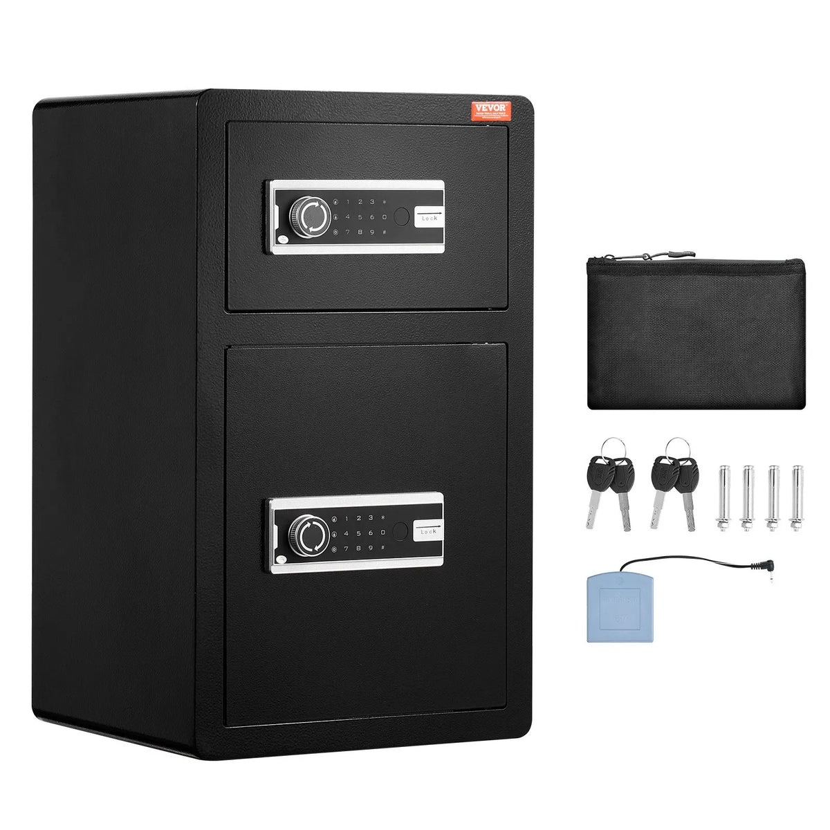 VEVOR Two-Door 4.5 Cubic Feet Safe with Key and Password Lock, Security Safe with Fireproof Bag, Key Holder, LED Lighting and 2 Height-Adjustable Removable Shelves for Money, Documents, Jewellery and Valuables, Black