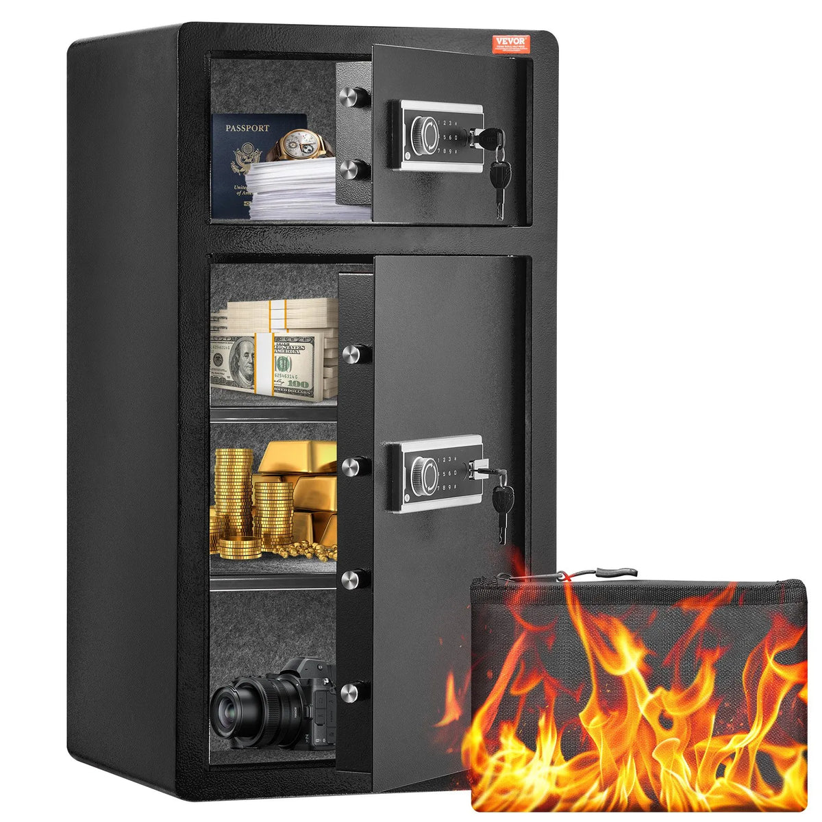 VEVOR 204 L Two-Door Safe with Key and Password Lock, Security Safe with Fireproof Bag, Key Holder, LED Lighting and 2 Height-Adjustable Removable Shelves for Money, Documents, Jewellery and Valuables, Black