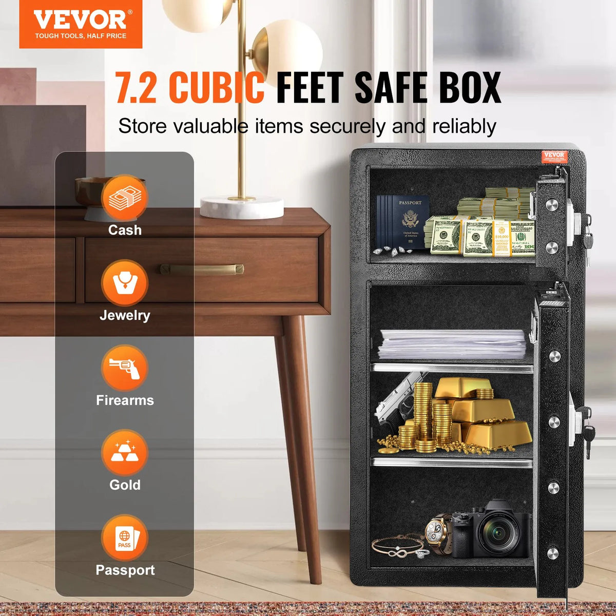 VEVOR 204 L Two-Door Safe with Key and Password Lock, Security Safe with Fireproof Bag, Key Holder, LED Lighting and 2 Height-Adjustable Removable Shelves for Money, Documents, Jewellery and Valuables, Black