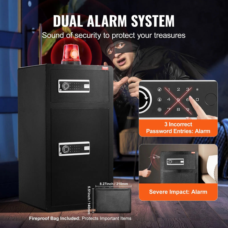 VEVOR divdurvju 204 l seifs ar atslēgas un paroles slēdzeni, drošības seifs ar ugunsdrošo somu, atslēgu turētāju, LED apgaismojumu un 2 augstuma regulējamiem un noņemamiem plauktiem naudai, dokumentiem, rotaslietām un vērtīgām lietām, melns