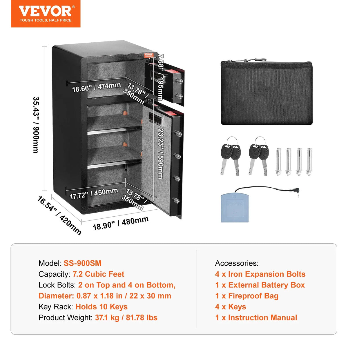 VEVOR 204 L Two-Door Safe with Key and Password Lock, Security Safe with Fireproof Bag, Key Holder, LED Lighting and 2 Height-Adjustable Removable Shelves for Money, Documents, Jewellery and Valuables, Black