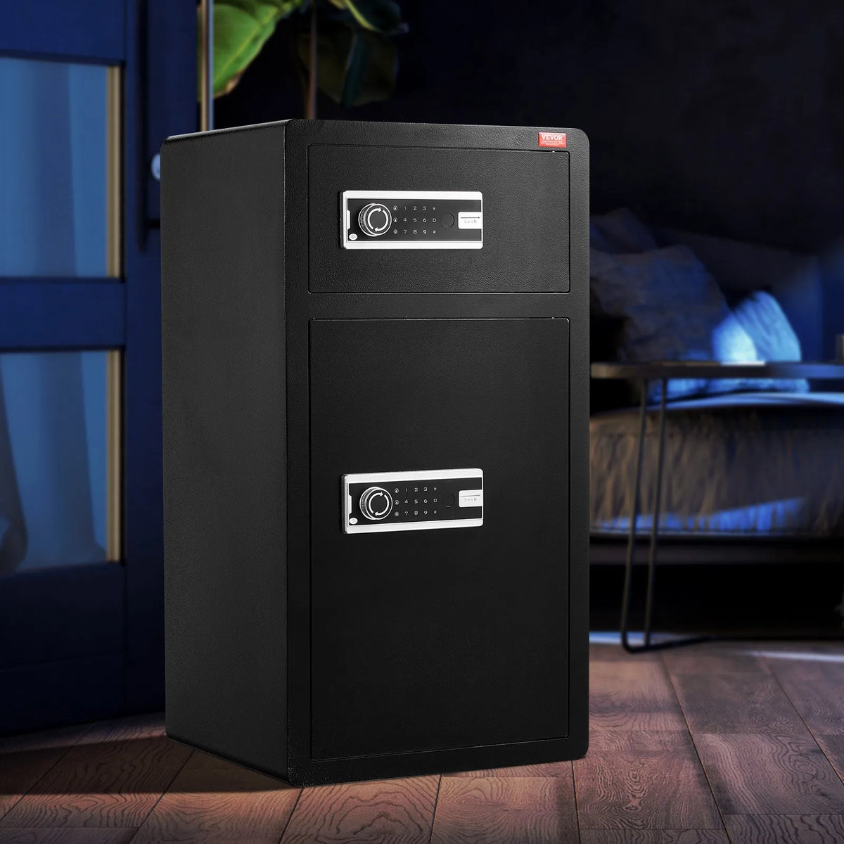 VEVOR 204 L Two-Door Safe with Key and Password Lock, Security Safe with Fireproof Bag, Key Holder, LED Lighting and 2 Height-Adjustable Removable Shelves for Money, Documents, Jewellery and Valuables, Black