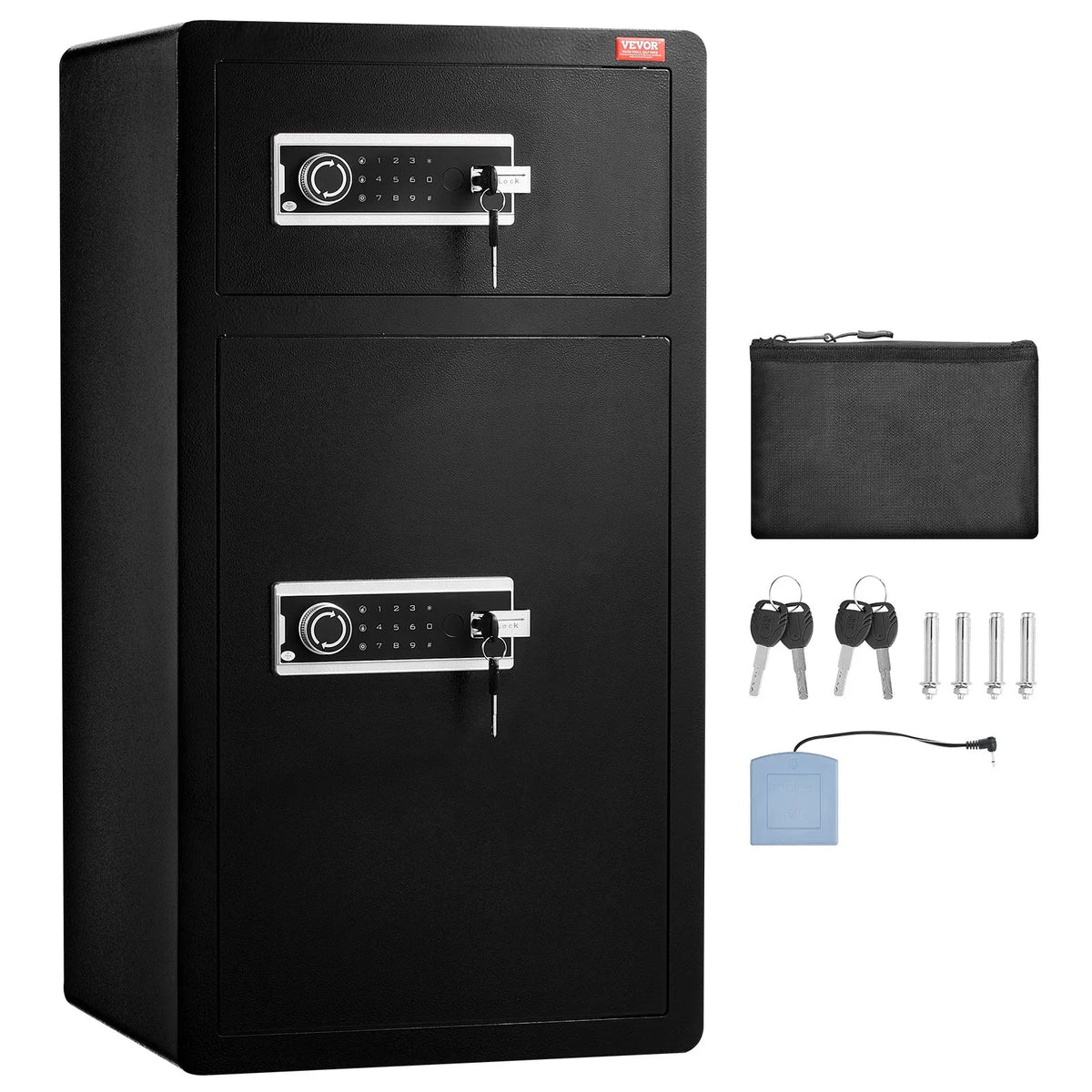 VEVOR 204 L Two-Door Safe with Key and Password Lock, Security Safe with Fireproof Bag, Key Holder, LED Lighting and 2 Height-Adjustable Removable Shelves for Money, Documents, Jewellery and Valuables, Black