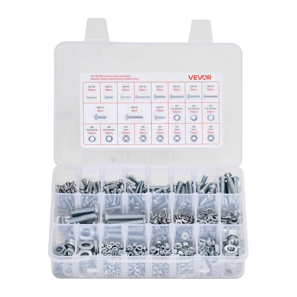 VEVOR Screw and Nut Set 2250 Pieces, Metric and Imperial Machine Screws with Flat Washers, Alloy Steel, M3/M4/M5/M6/M8, Zinc Plated White, for Equipment and Vehicle Assembly