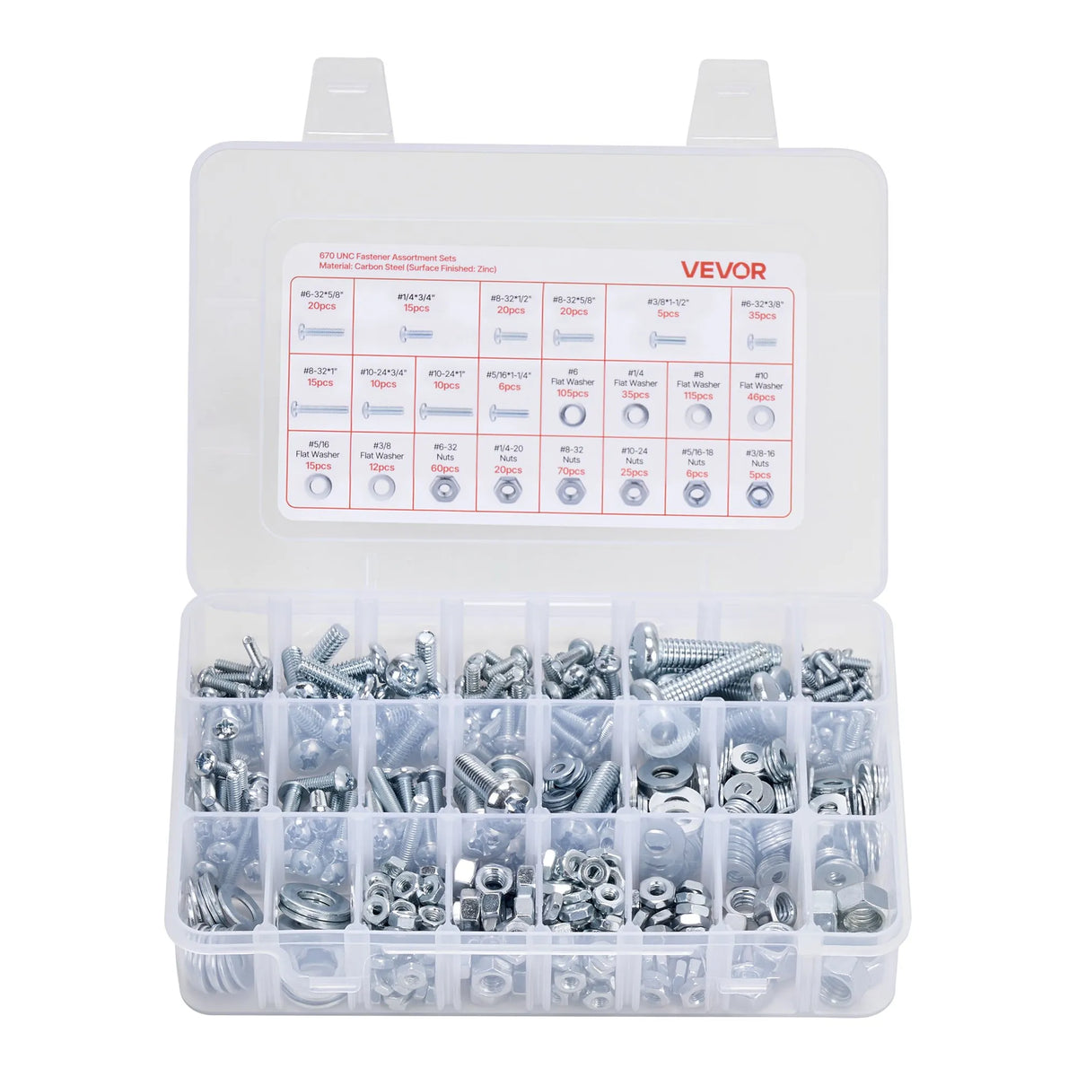 VEVOR Screw and Nut Set 2250 Pieces, Metric and Imperial Machine Screws with Flat Washers, Alloy Steel, M3/M4/M5/M6/M8, Zinc Plated White, for Equipment and Vehicle Assembly