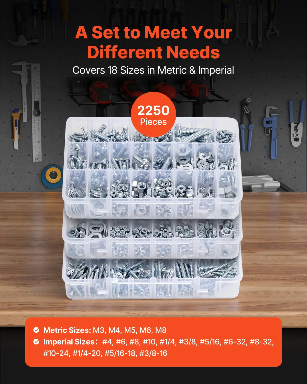 VEVOR Screw and Nut Set 2250 Pieces, Metric and Imperial Machine Screws with Flat Washers, Alloy Steel, M3/M4/M5/M6/M8, Zinc Plated White, for Equipment and Vehicle Assembly