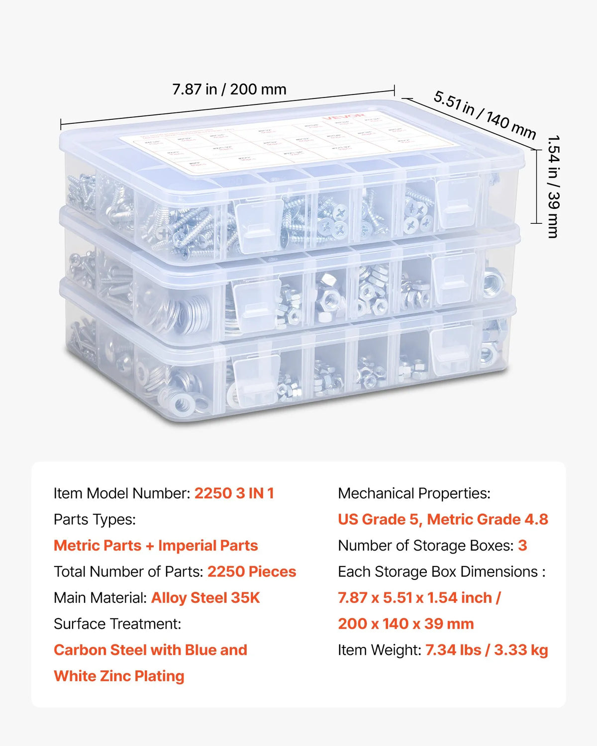VEVOR Screw and Nut Set 2250 Pieces, Metric and Imperial Machine Screws with Flat Washers, Alloy Steel, M3/M4/M5/M6/M8, Zinc Plated White, for Equipment and Vehicle Assembly