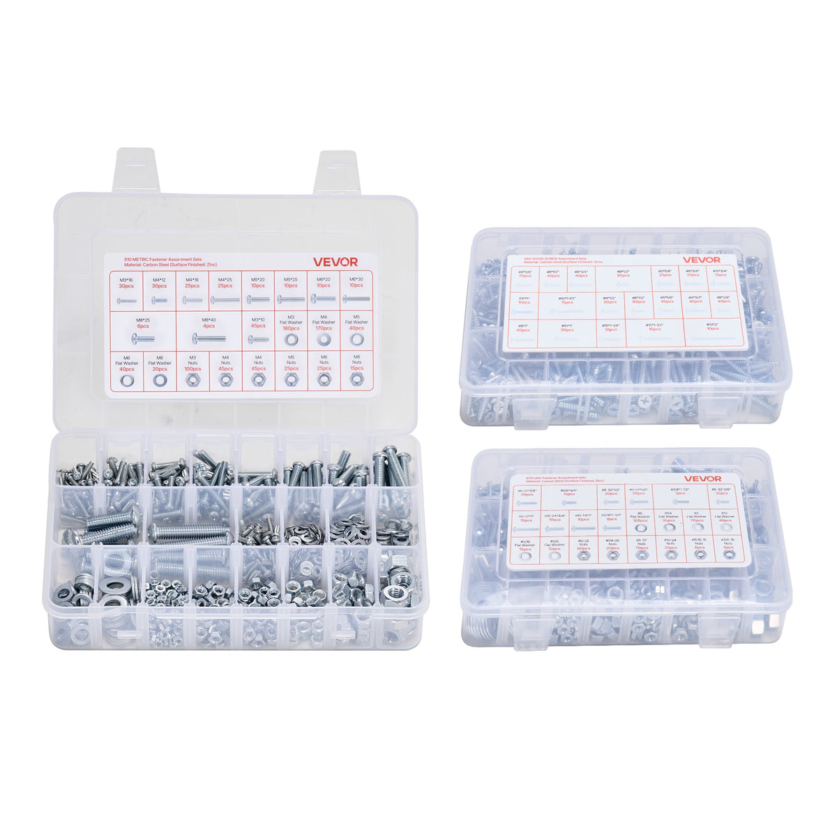 VEVOR Screw and Nut Set 2250 Pieces, Metric and Imperial Machine Screws with Flat Washers, Alloy Steel, M3/M4/M5/M6/M8, Zinc Plated White, for Equipment and Vehicle Assembly