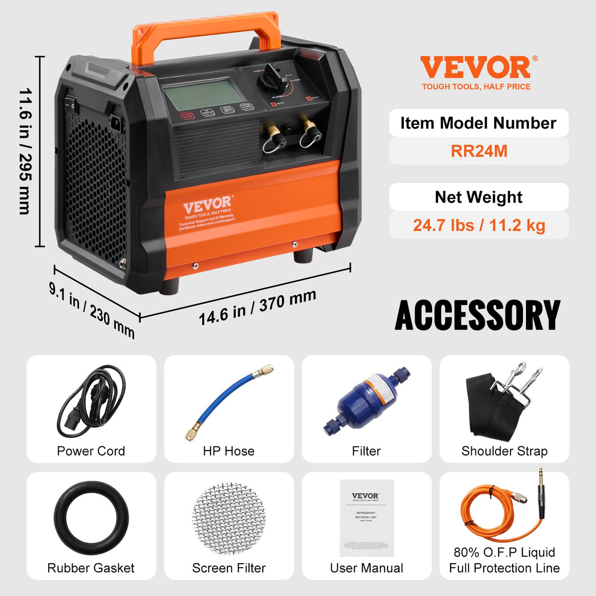 VEVOR Refrigerant Recovery Machine, 0.75 kW Power, Dual-Cylinder System with 3000 RPM Brushless Motor, Portable, for Freon and Other Refrigerants from Automotive, Air Conditioning and HVAC Systems