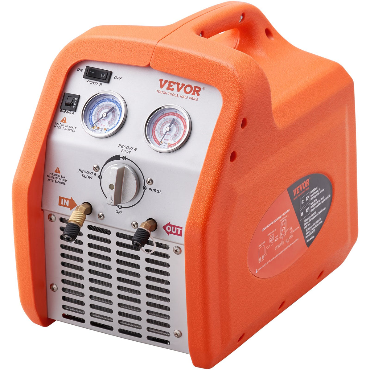 VEVOR Portable Refrigerant Recovery Unit, 0.56 kW Power, High Pressure Protection, 220–240 V, 60 Hz, for Vapour and Liquid Refrigerant Recovery from Automotive Air Conditioning and HVAC Systems