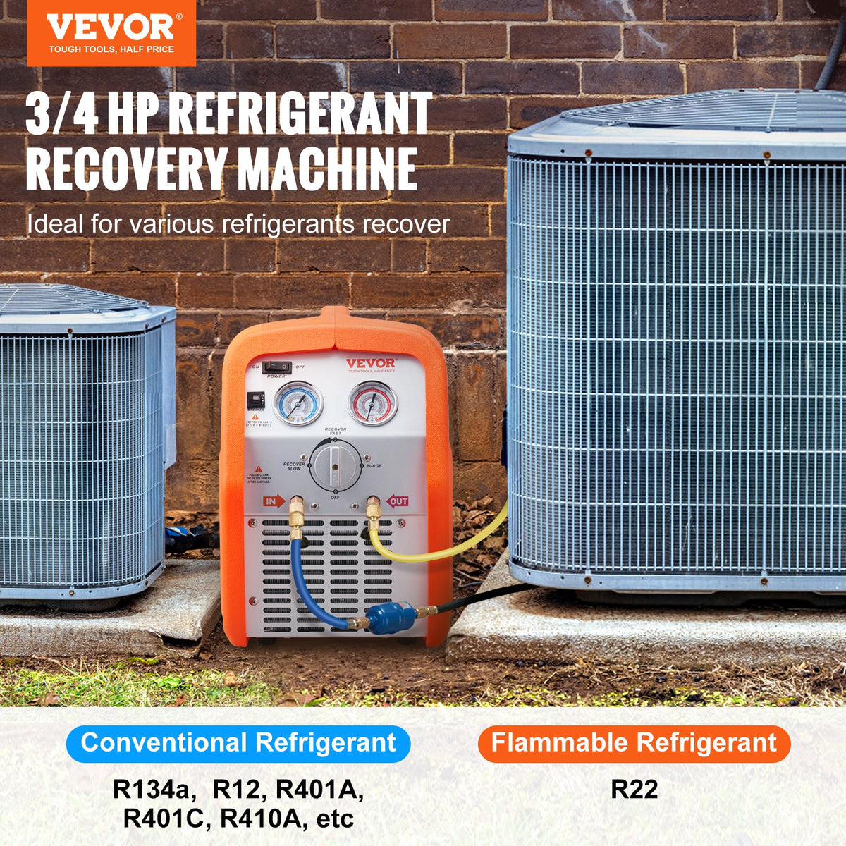 VEVOR Portable Refrigerant Recovery Unit, 0.56 kW Power, High Pressure Protection, 220–240 V, 60 Hz, for Vapour and Liquid Refrigerant Recovery from Automotive Air Conditioning and HVAC Systems