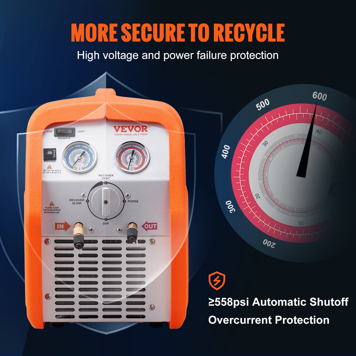 VEVOR Portable Refrigerant Recovery Unit, 0.56 kW Power, High Pressure Protection, 220–240 V, 60 Hz, for Vapour and Liquid Refrigerant Recovery from Automotive Air Conditioning and HVAC Systems