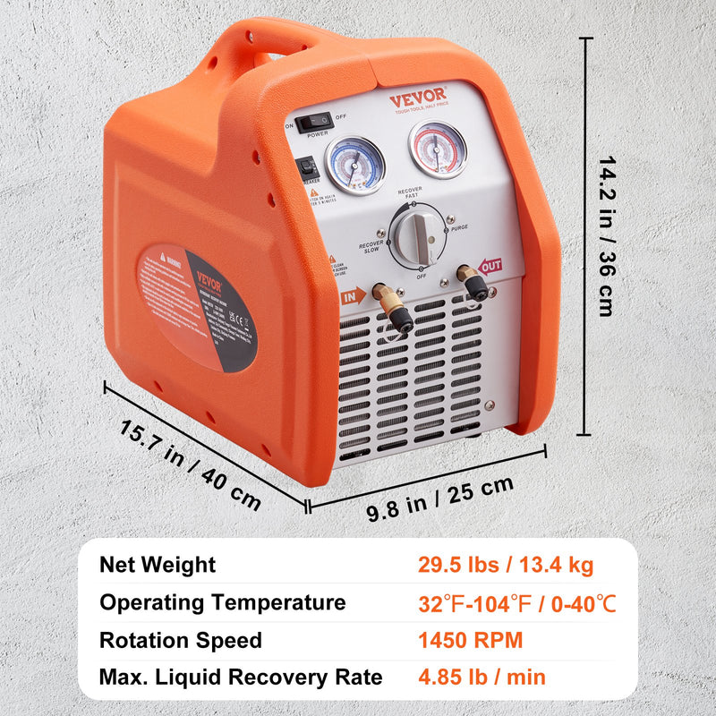 VEVOR pārnēsājama 3/4 H aukstumnesēja atgūšanas iekārta — maiņstrāvas reģenerācijas iekārta ar augsta spiediena aizsardzību 220–240 V 60 Hz reģenerācijas iekārta HVAC tvaiku šķidrajam aukstumaģentam, automašīnu gaisa kondicionēšanai