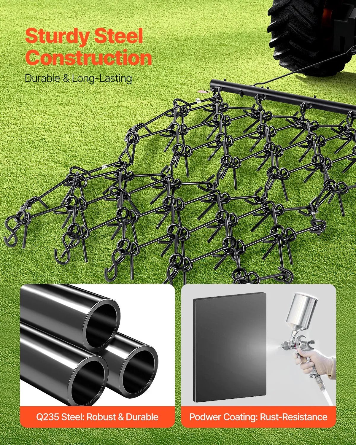 VEVOR ķēžu ecēšas 1220 x 1220 mm, ar 69 asiem zobiem, Q235 tērauds, velkamas ar ATV, UTV un traktoriem, paredzētas augsnes sagatavošanai, sēšanai, teritoriju izlīdzināšanai un grants ceļu kopšanai - ZEMLETES.LV