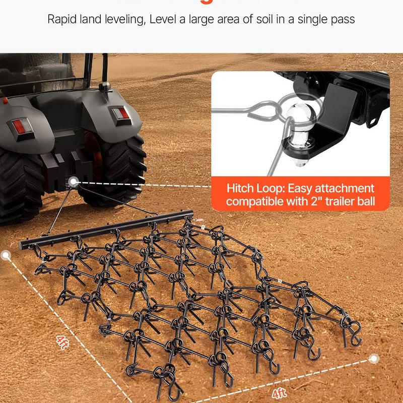 VEVOR ķēžu ecēšas 1220 x 1220 mm, ar 69 asiem zobiem, Q235 tērauds, velkamas ar ATV, UTV un traktoriem, paredzētas augsnes sagatavošanai, sēšanai, teritoriju izlīdzināšanai un grants ceļu kopšanai - ZEMLETES.LV