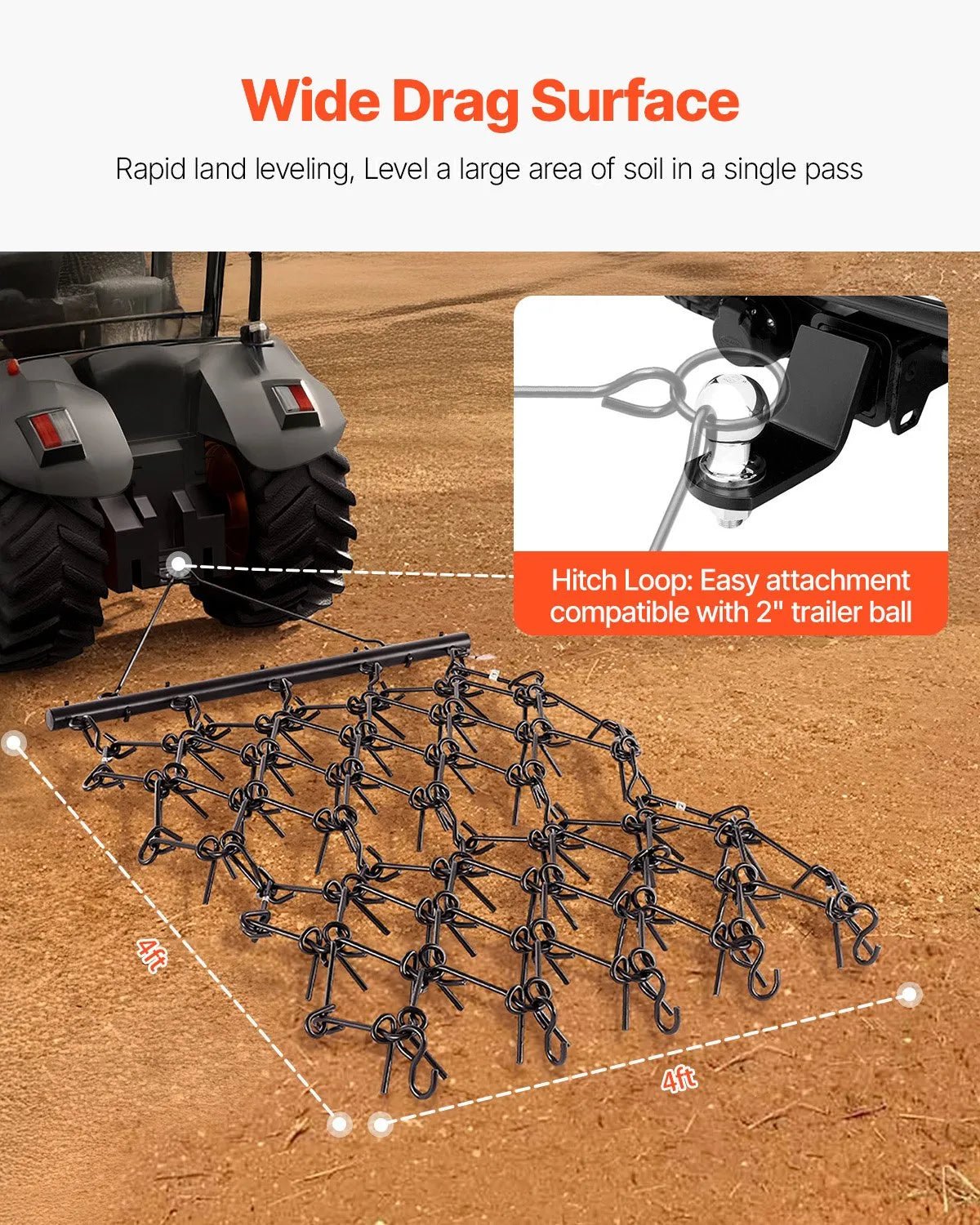 VEVOR ķēžu ecēšas 1220 x 1220 mm, ar 69 asiem zobiem, Q235 tērauds, velkamas ar ATV, UTV un traktoriem, paredzētas augsnes sagatavošanai, sēšanai, teritoriju izlīdzināšanai un grants ceļu kopšanai - ZEMLETES.LV