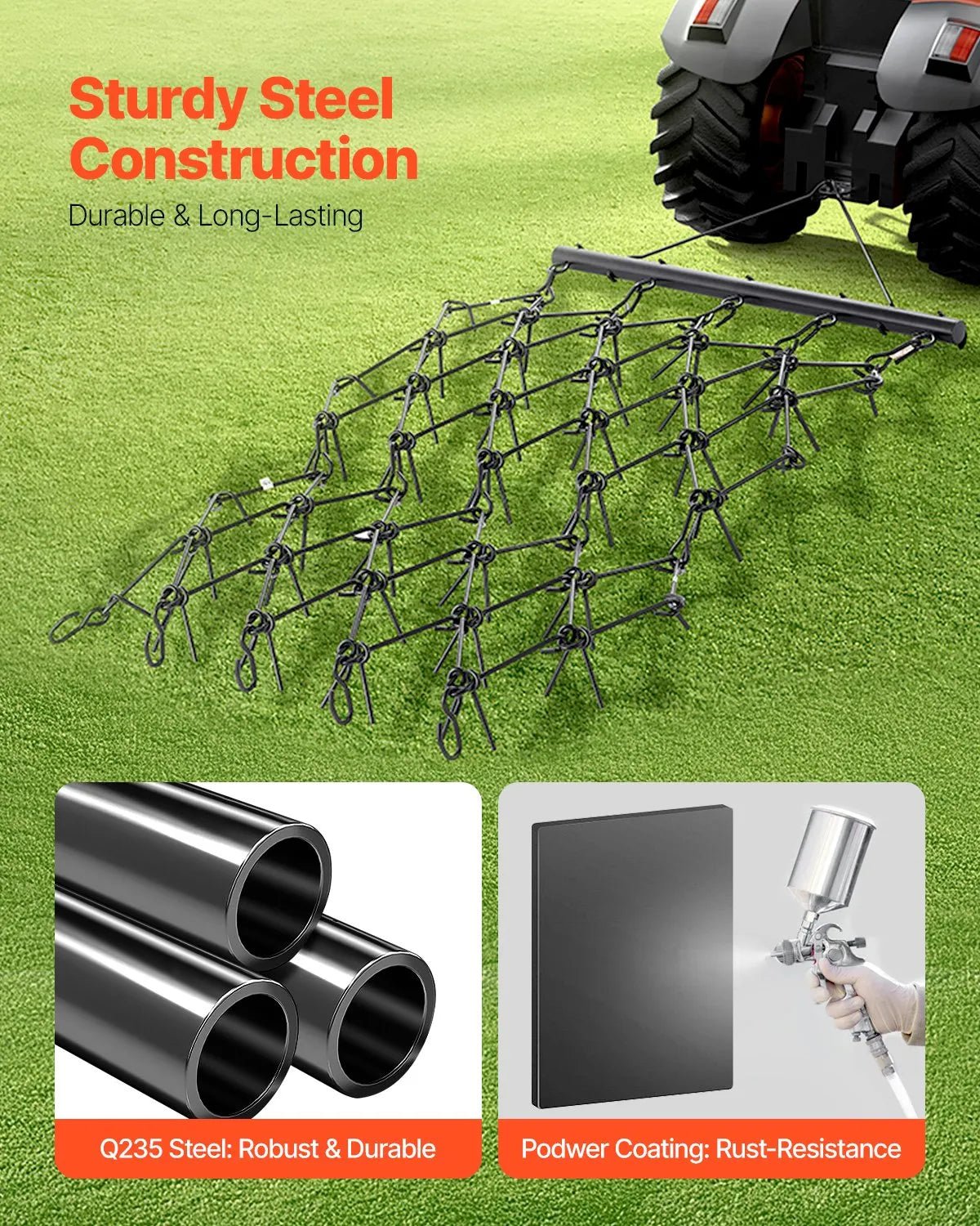 VEVOR ķēžu ecēšas 1220 x 1700 mm, ar 80 asiem zobiem, Q235 tērauds, velkamas ar ATV, UTV un traktoriem, paredzētas augsnes sagatavošanai, sēšanai, teritoriju izlīdzināšanai un grants ceļu kopšanai - ZEMLETES.LV